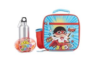 ryan's world lunch box set for boys & girls, stainless steel water bottle with carabiner clip and ice pack, insulated & waterproof lunch bag with zipper, 4 pieces