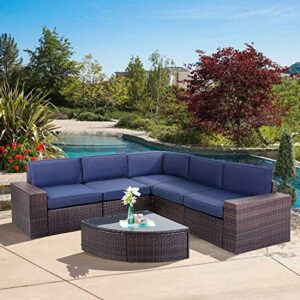 oakmont outdoor patio 6-piece furniture set durable frame premium rattan wicker sectional sofa with sector glass top table thick dark blue cushions, for backyard