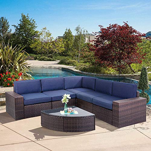 Oakmont Outdoor Patio 6-Piece Furniture Set Durable Frame Premium Rattan Wicker Sectional Sofa with Sector Glass Top Table Thick Dark Blue Cushions, for Backyard