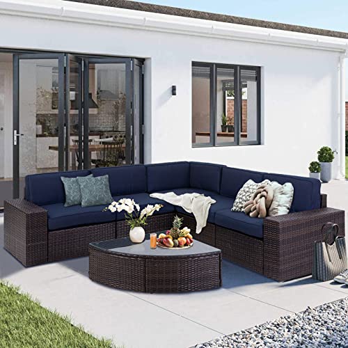 Oakmont Outdoor Patio 6-Piece Furniture Set Durable Frame Premium Rattan Wicker Sectional Sofa with Sector Glass Top Table Thick Dark Blue Cushions, for Backyard