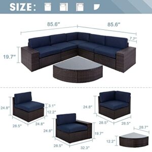 Oakmont Outdoor Patio 6-Piece Furniture Set Durable Frame Premium Rattan Wicker Sectional Sofa with Sector Glass Top Table Thick Dark Blue Cushions, for Backyard