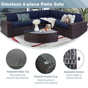 Oakmont Outdoor Patio 6-Piece Furniture Set Durable Frame Premium Rattan Wicker Sectional Sofa with Sector Glass Top Table Thick Dark Blue Cushions, for Backyard