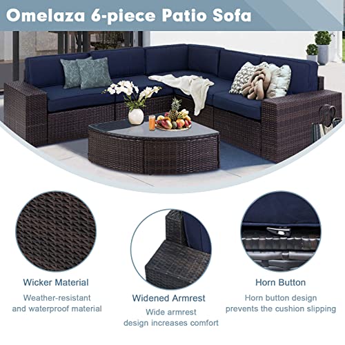 Oakmont Outdoor Patio 6-Piece Furniture Set Durable Frame Premium Rattan Wicker Sectional Sofa with Sector Glass Top Table Thick Dark Blue Cushions, for Backyard