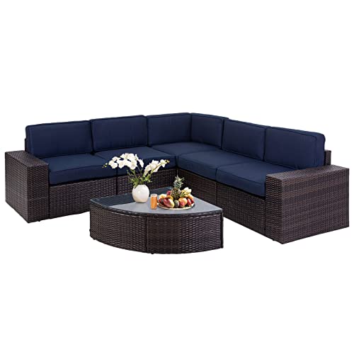 Oakmont Outdoor Patio 6-Piece Furniture Set Durable Frame Premium Rattan Wicker Sectional Sofa with Sector Glass Top Table Thick Dark Blue Cushions, for Backyard