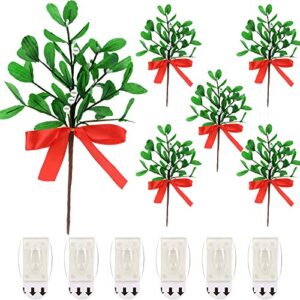willbond 6 pieces artificial mistletoe picks christmas fake mistletoe branches with red bow and 6 pieces sticky hooks adhesive wall hanging hooks for christmas party decor