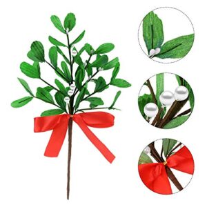 WILLBOND 6 Pieces Artificial Mistletoe Picks Christmas Fake Mistletoe Branches with Red Bow and 6 Pieces Sticky Hooks Adhesive Wall Hanging Hooks for Christmas Party Decor