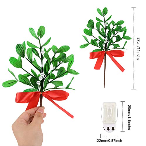 WILLBOND 6 Pieces Artificial Mistletoe Picks Christmas Fake Mistletoe Branches with Red Bow and 6 Pieces Sticky Hooks Adhesive Wall Hanging Hooks for Christmas Party Decor