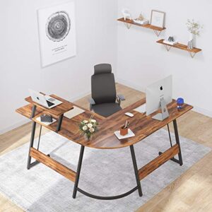 CubiCubi L Shaped Desk, Computer Corner Gaming Desk with Large Monitor Stand, 51.2" Home Office Writing Table, Workstation with Storage Drawer, Space-Saving, Deep Brown