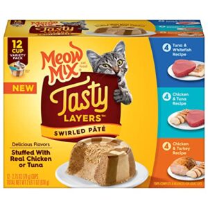 meow mix tasty layers swirled paté cat food variety pack, 2.75 oz cup, 12 pack, 4 count