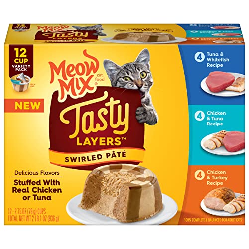 Meow Mix Tasty Layers Swirled Paté Cat Food Variety Pack, 2.75 oz Cup, 12 Pack, 4 Count