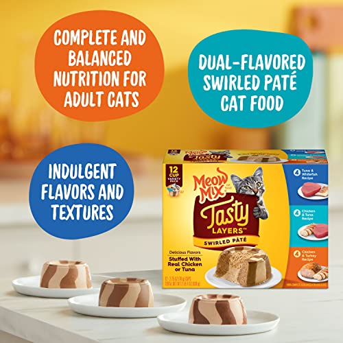 Meow Mix Tasty Layers Swirled Paté Cat Food Variety Pack, 2.75 oz Cup, 12 Pack, 4 Count