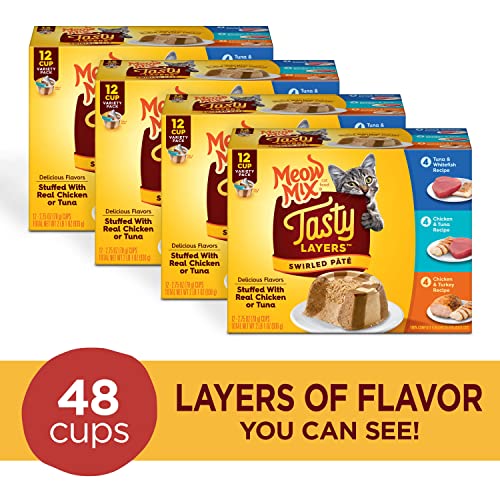 Meow Mix Tasty Layers Swirled Paté Cat Food Variety Pack, 2.75 oz Cup, 12 Pack, 4 Count