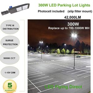 LED Parking Lot Lights 300W, Dusk to Dawn Photocell Sensor Included, Surge Protection Built-in LED Shoebox Area Pole Lights, 1-10V Dimmable, 5000K, 100-277V AC Slip Fitter Mount