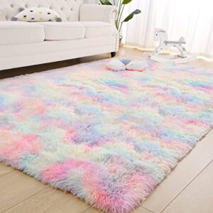 zareas fluffy rainbow area rugs for girls bedroom, unicorn room decor, plush cute colorful pink rug for dorm nursery playroom, bedside rug for toddler kids teen, throw rug for living room, 4x6 feet