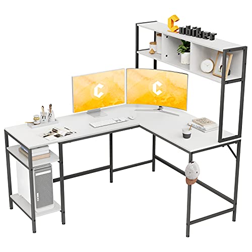 Cubiker L-Shaped Desk with Hutch, 60" Corner Computer Desk, Home Office Gaming Table with Storage Shelves, Space-Saving, White