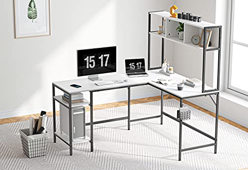 Cubiker L-Shaped Desk with Hutch, 60" Corner Computer Desk, Home Office Gaming Table with Storage Shelves, Space-Saving, White