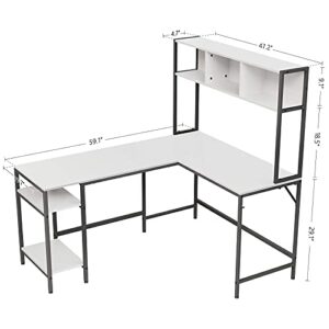 Cubiker L-Shaped Desk with Hutch, 60" Corner Computer Desk, Home Office Gaming Table with Storage Shelves, Space-Saving, White