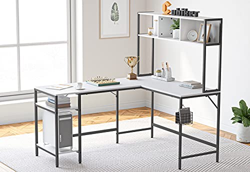 Cubiker L-Shaped Desk with Hutch, 60" Corner Computer Desk, Home Office Gaming Table with Storage Shelves, Space-Saving, White