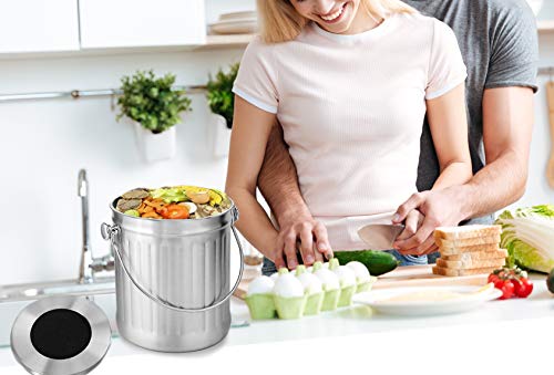 NewlineNY Stainless Steel Indoor Compost Bin for Kitchen Countertop, 1.3 Gallon Recycling Pail Bucket with 2 Charcoal Filters