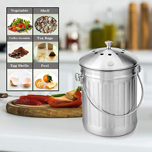 NewlineNY Stainless Steel Indoor Compost Bin for Kitchen Countertop, 1.3 Gallon Recycling Pail Bucket with 2 Charcoal Filters