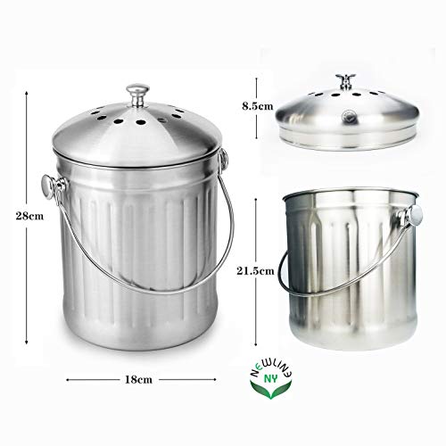 NewlineNY Stainless Steel Indoor Compost Bin for Kitchen Countertop, 1.3 Gallon Recycling Pail Bucket with 2 Charcoal Filters