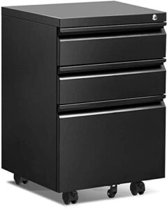 black file cabinet, 3 drawer mobile file cabinet with lock and wheels, under desk metal filing cabinet for office，lockable rolling cabinet with 2 keys for legal/letter/a4 size, fully assembled （a）