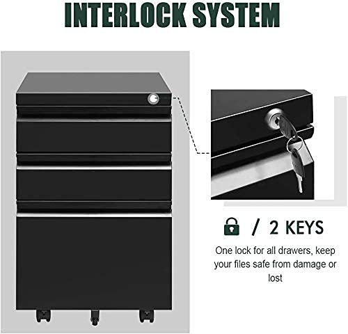 Black File Cabinet, 3 Drawer Mobile File Cabinet with Lock and Wheels, Under Desk Metal Filing Cabinet for Office，Lockable Rolling Cabinet with 2 Keys for Legal/Letter/A4 Size, Fully Assembled （A）