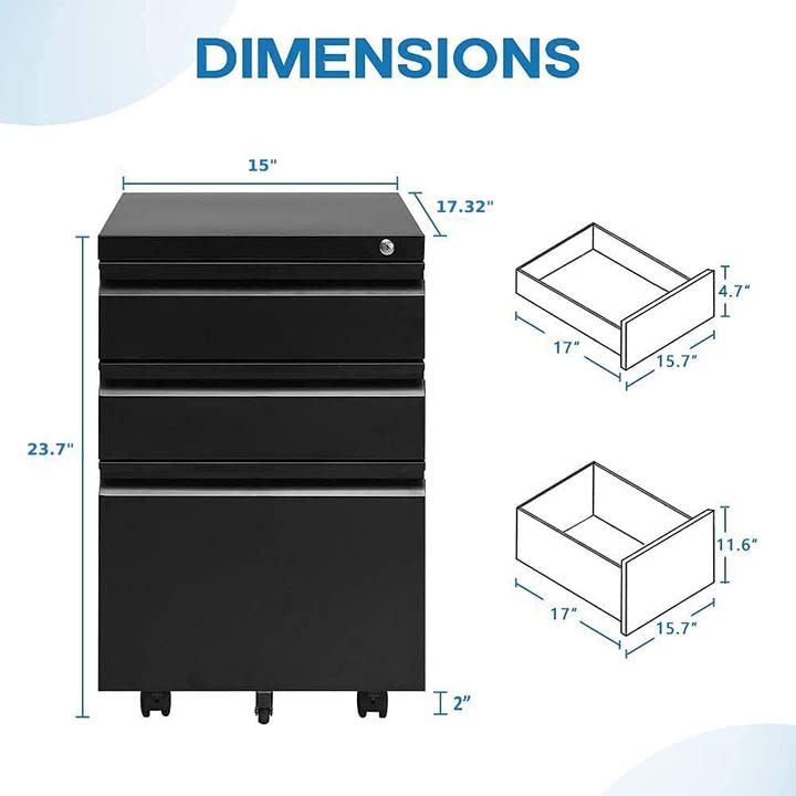 Black File Cabinet, 3 Drawer Mobile File Cabinet with Lock and Wheels, Under Desk Metal Filing Cabinet for Office，Lockable Rolling Cabinet with 2 Keys for Legal/Letter/A4 Size, Fully Assembled （A）