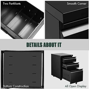 Black File Cabinet, 3 Drawer Mobile File Cabinet with Lock and Wheels, Under Desk Metal Filing Cabinet for Office，Lockable Rolling Cabinet with 2 Keys for Legal/Letter/A4 Size, Fully Assembled （A）