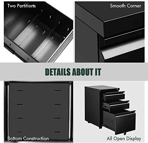 Black File Cabinet, 3 Drawer Mobile File Cabinet with Lock and Wheels, Under Desk Metal Filing Cabinet for Office，Lockable Rolling Cabinet with 2 Keys for Legal/Letter/A4 Size, Fully Assembled （A）