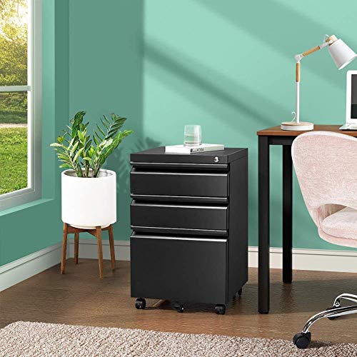 Black File Cabinet, 3 Drawer Mobile File Cabinet with Lock and Wheels, Under Desk Metal Filing Cabinet for Office，Lockable Rolling Cabinet with 2 Keys for Legal/Letter/A4 Size, Fully Assembled （A）