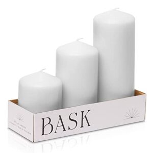 cone top pillar candles by bask - set of 3-3" x 4", 6", and 8" dripless unscented candles in white for home decor, relaxation & all occasions