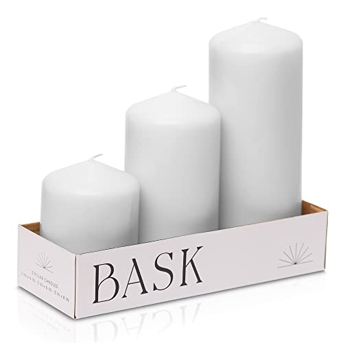 Cone Top Pillar Candles by Bask - Set of 3-3" x 4", 6", and 8" Dripless Unscented Candles in White for Home Decor, Relaxation & All Occasions