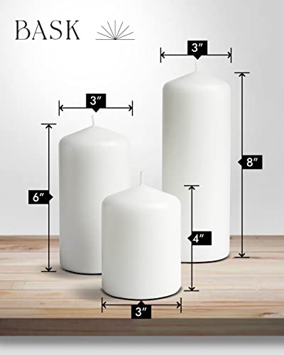 Cone Top Pillar Candles by Bask - Set of 3-3" x 4", 6", and 8" Dripless Unscented Candles in White for Home Decor, Relaxation & All Occasions