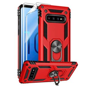 samsung galaxy s10 plus case with hd screen protectors, androgate military-grade metal ring holder kickstand 15ft drop tested shockproof cover case for samsung galaxy s10+ (2019) red