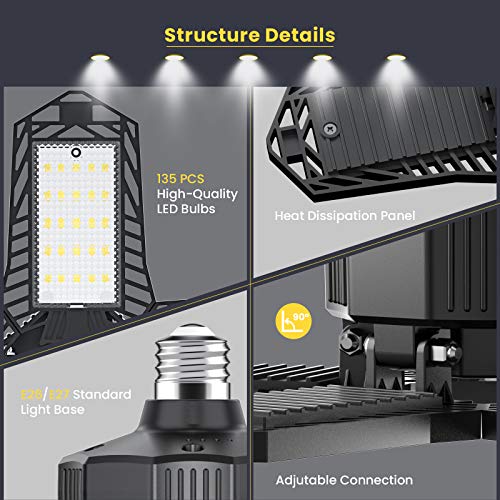 LED Garage Lights, 100W UDIYO Deformable Garage Ceiling Light with 5 Adjustable LED Panels, 6000LM E26/E27 Basement Lights, Fits for Garage, Warehouse, Barn, Workshop and Yard