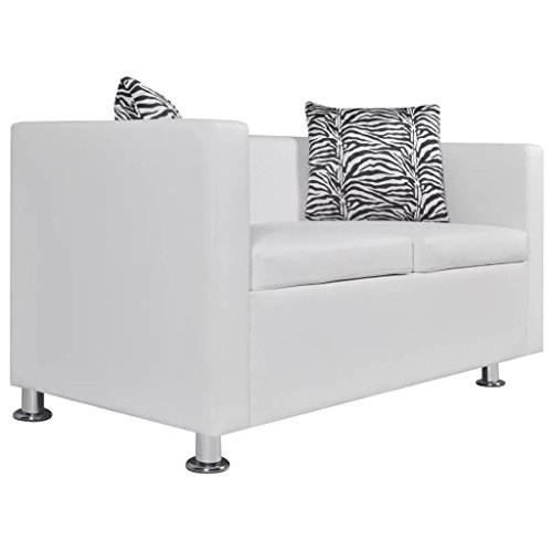 EstaHome 2-Seater Sofa | Modern 2-Seat Sofa Couch with Metal Legs | Faux Leather Living Room Sofa with 2 Pillows | White Artificial Leather 47.2" x 24.6" x 24.8"