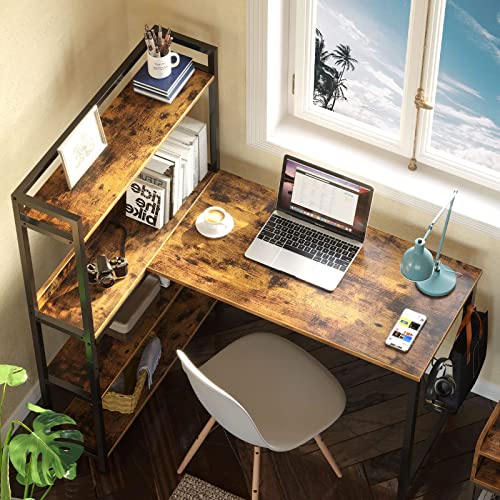 Rolanstar Computer Desk with Storage Shelves 47", Home Office Desk with 4-Tier Reversible Bookshelf, Rustic Writing Table Workstation, Study Corner Desk for Small Space, Rustic Brown