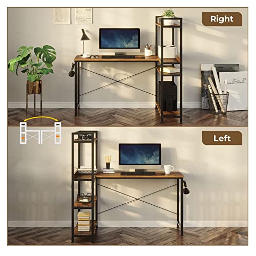 Rolanstar Computer Desk with Storage Shelves 47", Home Office Desk with 4-Tier Reversible Bookshelf, Rustic Writing Table Workstation, Study Corner Desk for Small Space, Rustic Brown