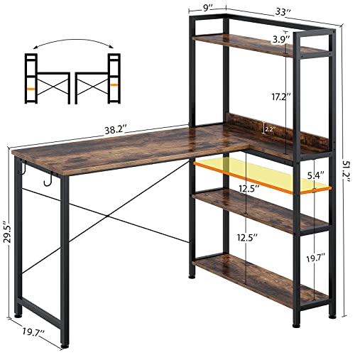 Rolanstar Computer Desk with Storage Shelves 47", Home Office Desk with 4-Tier Reversible Bookshelf, Rustic Writing Table Workstation, Study Corner Desk for Small Space, Rustic Brown