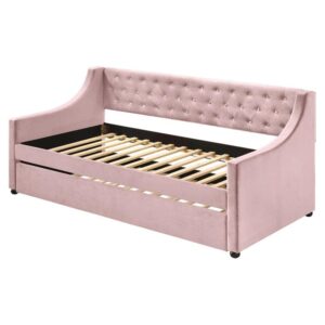 acme furniture twin fully upholstered daybed with trundle and button-tufted back panel, pink velvet