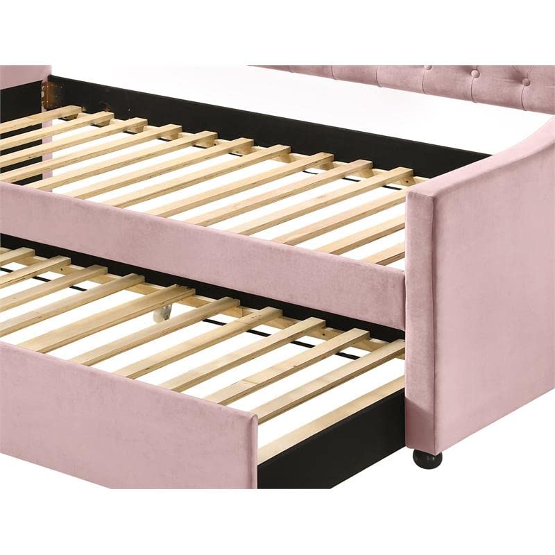 Acme Furniture Twin Fully Upholstered Daybed with Trundle and Button-Tufted Back Panel, Pink Velvet