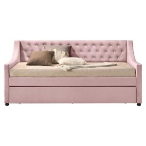Acme Furniture Twin Fully Upholstered Daybed with Trundle and Button-Tufted Back Panel, Pink Velvet