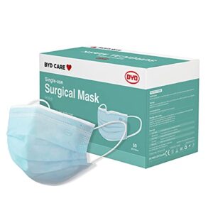 byd care single use disposable 3-ply mask, astm level 3, daily protection for men and women for home, office, school, restaurants, gyms, outdoor and indoor, box of 50 pcs