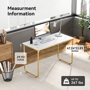 Dorriss Computer Desk,Home Office Desks, 47" Writing Desk,Computer Table,White and Gold Desk, White Faux Marble Desk,Gold Metal Frame, Modern White Computer Desk for Home Office (White Marble+Gold)