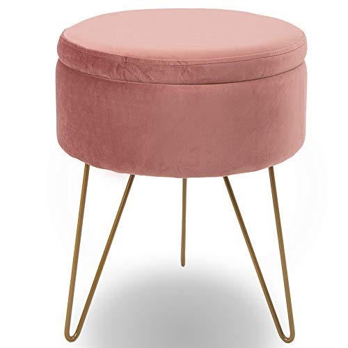 Glzifom Velvet Round Storage Ottomans Dressing Chair Modern Vanity Seat Makeup Stool with Gold Metal Legs for Home Bedroom Coffee Table Living Room (Pink)