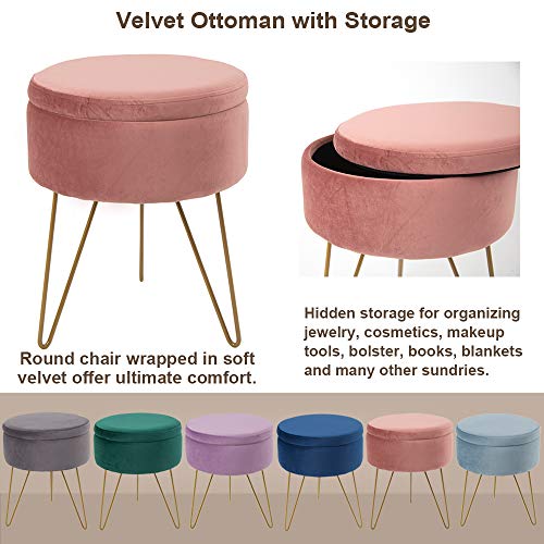 Glzifom Velvet Round Storage Ottomans Dressing Chair Modern Vanity Seat Makeup Stool with Gold Metal Legs for Home Bedroom Coffee Table Living Room (Pink)