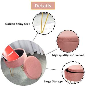 Glzifom Velvet Round Storage Ottomans Dressing Chair Modern Vanity Seat Makeup Stool with Gold Metal Legs for Home Bedroom Coffee Table Living Room (Pink)