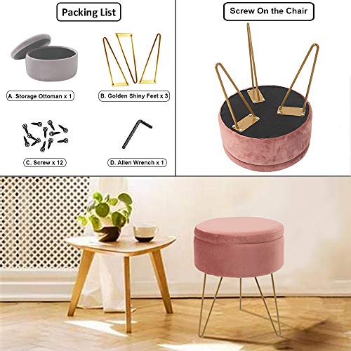 Glzifom Velvet Round Storage Ottomans Dressing Chair Modern Vanity Seat Makeup Stool with Gold Metal Legs for Home Bedroom Coffee Table Living Room (Pink)