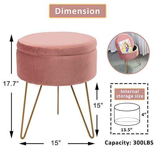 Glzifom Velvet Round Storage Ottomans Dressing Chair Modern Vanity Seat Makeup Stool with Gold Metal Legs for Home Bedroom Coffee Table Living Room (Pink)